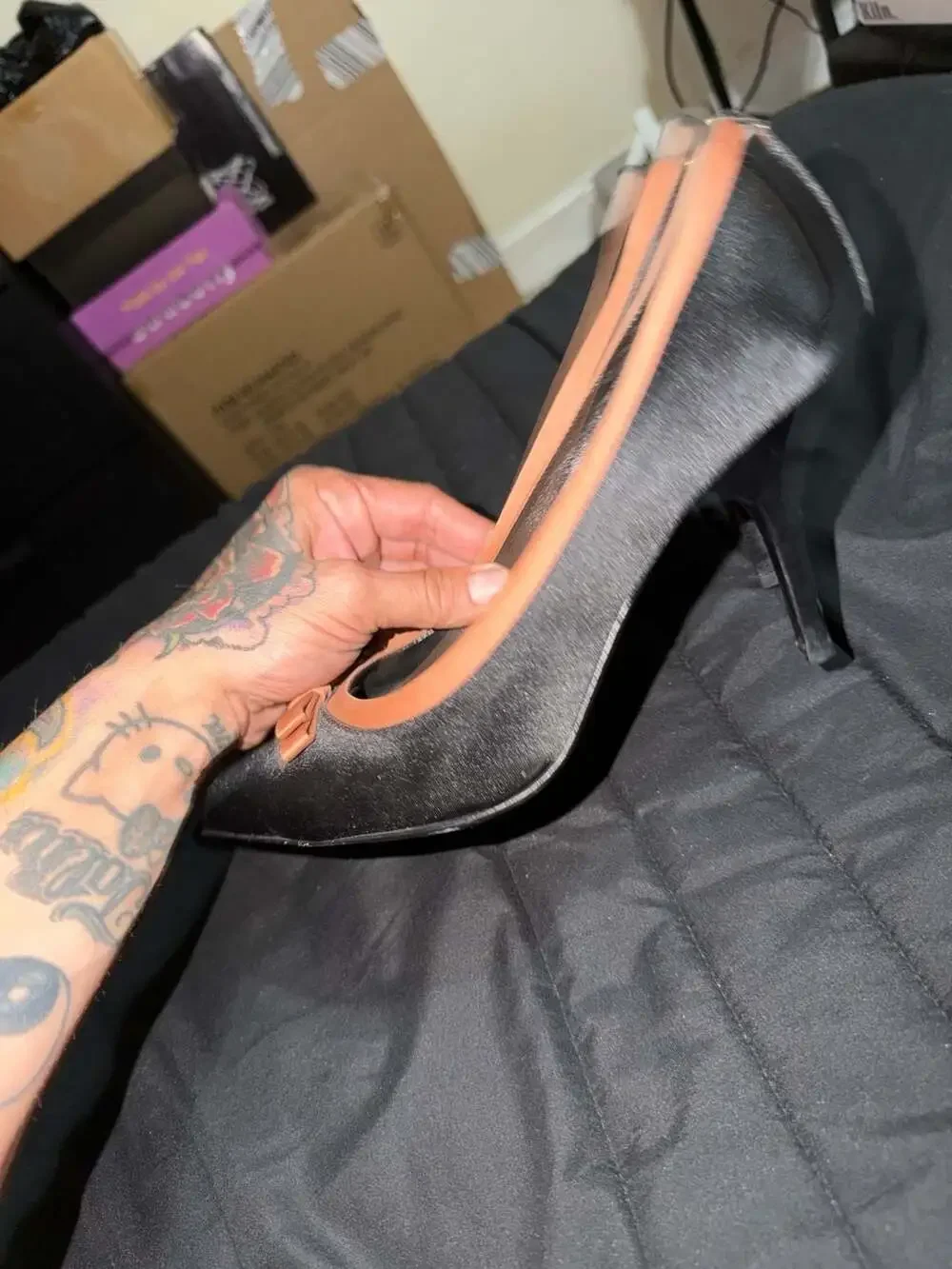Tory Burch Black Satin Pointed Toe Pumps with Brown Trim and Bow Size 9.5M